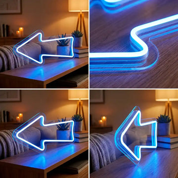 Custom Blue Arrow LED Neon Sign with Clear Acrylic Backing for Directional Signs, Stores, Bars and Event Spaces