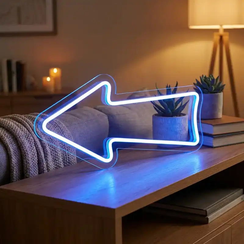 Custom Blue Arrow LED Neon Sign with Clear Acrylic Backing for Directional Signs, Stores, Bars and Event Spaces