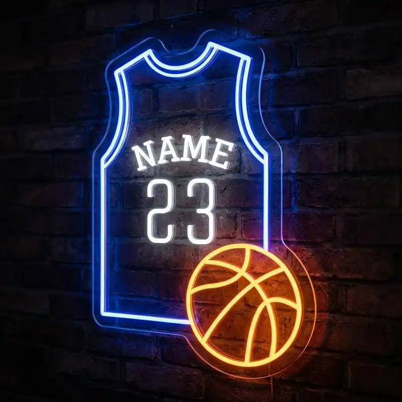 Custom Basketball Jersey LED Neon Sign with Player Name and Number, Clear Acrylic Backing for Sports Bars, Game Rooms and Basketball Fans