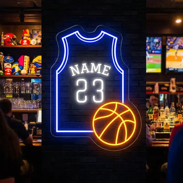 Custom Basketball Jersey LED Neon Sign with Player Name and Number, Clear Acrylic Backing for Sports Bars, Game Rooms and Basketball Fans
