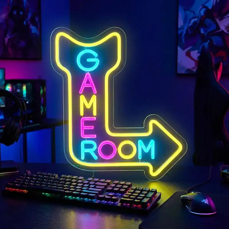 Wholesale Custom Game Room Arrow LED Neon Sign with Clear Acrylic Backing for Arcades, Gaming Cafes, Esports Rooms and Entertainment Spaces