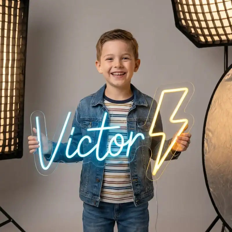 Wholesale Custom LED Neon Sign “Victor” with Lightning Bolt Acrylic Backlit Wall Decor for Game Room, Sports Room, Arcade, Esports and Bedroom