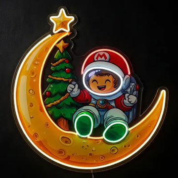 Custom Astronaut Moon LED Neon Sign with Christmas Tree Design, Clear Acrylic Backing for Kids Rooms, Bedrooms and Holiday Decor