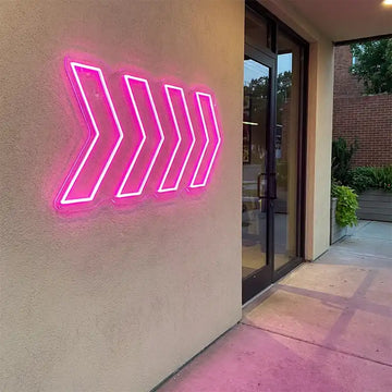 Custom Pink Directional Arrow LED Neon Sign with Clear Acrylic Backing for Stores, Events, Bars and Wayfinding Wall Decor
