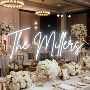 Custom Wedding Family Name LED Neon Sign with Clear Acrylic Backing for Reception Tables, Wedding Backdrops and Event Decor