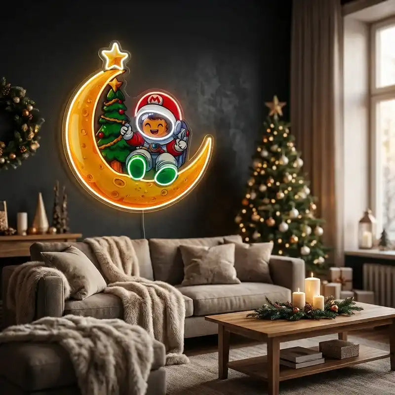 Custom Astronaut Moon LED Neon Sign with Christmas Tree Design, Clear Acrylic Backing for Kids Rooms, Bedrooms and Holiday Decor