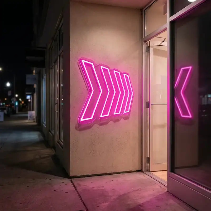 Custom Pink Directional Arrow LED Neon Sign with Clear Acrylic Backing for Stores, Events, Bars and Wayfinding Wall Decor