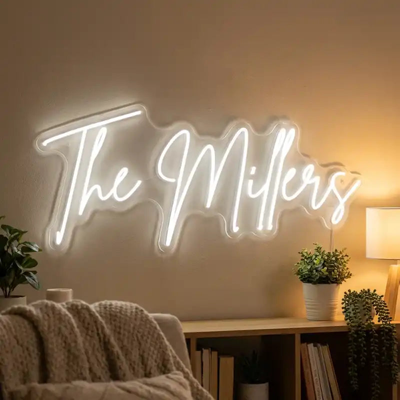 Custom Wedding Family Name LED Neon Sign with Clear Acrylic Backing for Reception Tables, Wedding Backdrops and Event Decor