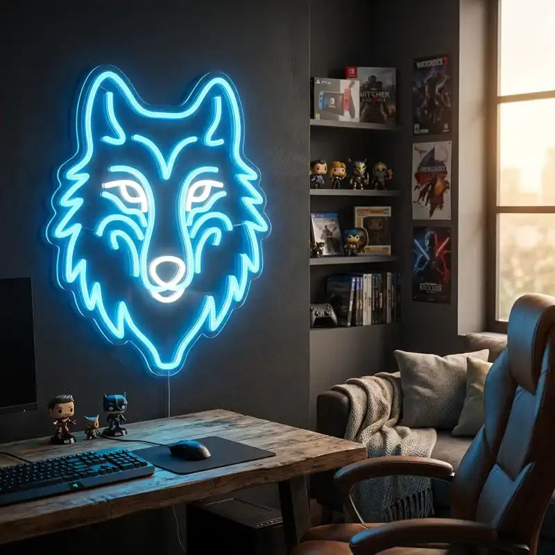Custom Wolf Head LED Neon Sign with Clear Acrylic Backing for Game Rooms, Bedrooms, Man Caves and Wall Decor