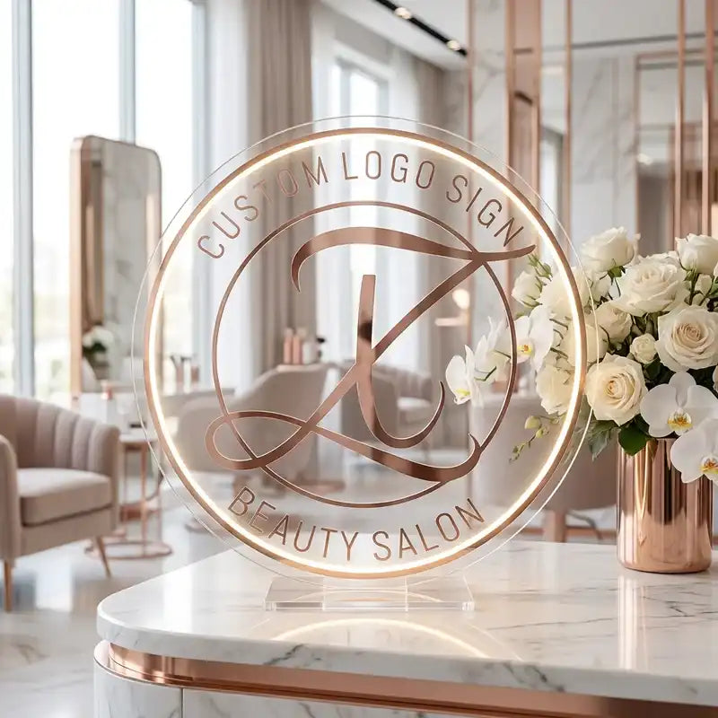 Custom Beauty Salon Logo Acrylic Backlit Sign with Round Clear Acrylic Design for Beauty Salons, Spas and Retail Studios