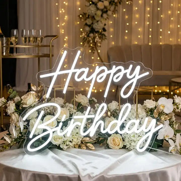 Custom Happy Birthday LED Neon Sign with Clear Acrylic Backing for Birthday Parties, Photo Backdrops and Event Decor