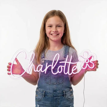 Wholesale Custom Name LED Neon Sign “Charlotte”, Personalized Girls Flower Neon Light, Kids Bedroom Wall Decor Acrylic LED Neon Name Sign Gift