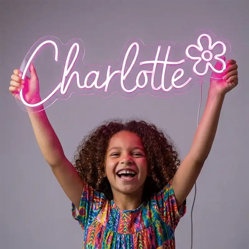 Wholesale Custom Name LED Neon Sign “Charlotte”, Personalized Girls Flower Neon Light, Kids Bedroom Wall Decor Acrylic LED Neon Name Sign Gift