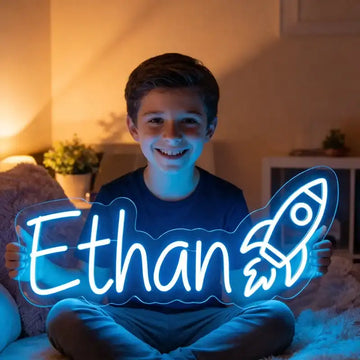 Wholesale Custom Name Rocket LED Neon Sign “Ethan”, Personalized Kids Room Neon Light, Space Rocket Acrylic Neon Name Wall Decor for Bedroom Gift