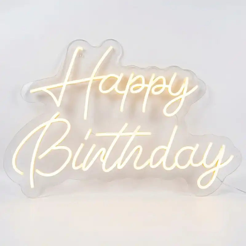 Custom Happy Birthday LED Neon Sign with Clear Acrylic Backing for Birthday Parties, Event Decor and Photo Backdrops