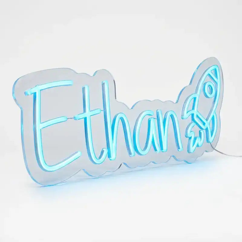 Wholesale Custom Name Rocket LED Neon Sign “Ethan”, Personalized Kids Room Neon Light, Space Rocket Acrylic Neon Name Wall Decor for Bedroom Gift