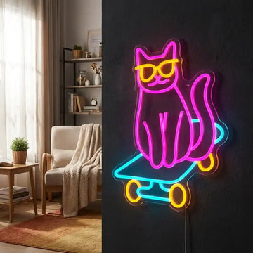 Custom Skateboard Cat LED Neon Sign with Clear Acrylic Backing for Kids Rooms, Bedrooms, Game Rooms and Cat Lovers