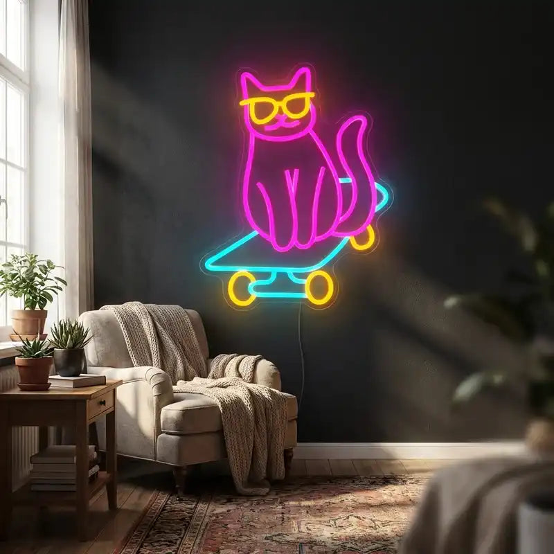 Custom Skateboard Cat LED Neon Sign with Clear Acrylic Backing for Kids Rooms, Bedrooms, Game Rooms and Cat Lovers