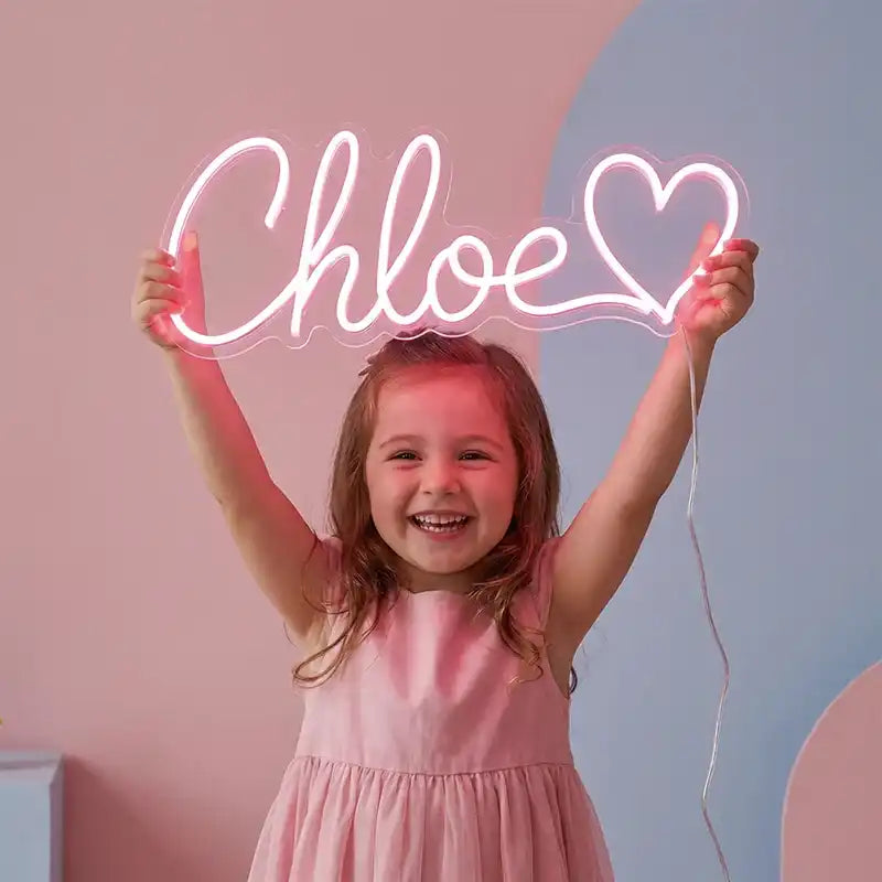 Wholesale Custom Name Heart LED Neon Sign with Clear Acrylic Backing for Kids Rooms, Girls Bedrooms, Nurseries, Gift Shops and Personalized Wall Decor