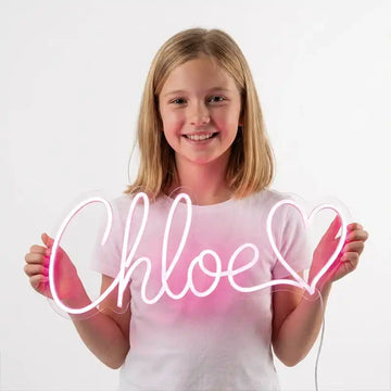 Wholesale Custom Name Heart LED Neon Sign with Clear Acrylic Backing for Kids Rooms, Girls Bedrooms, Nurseries, Gift Shops and Personalized Wall Decor